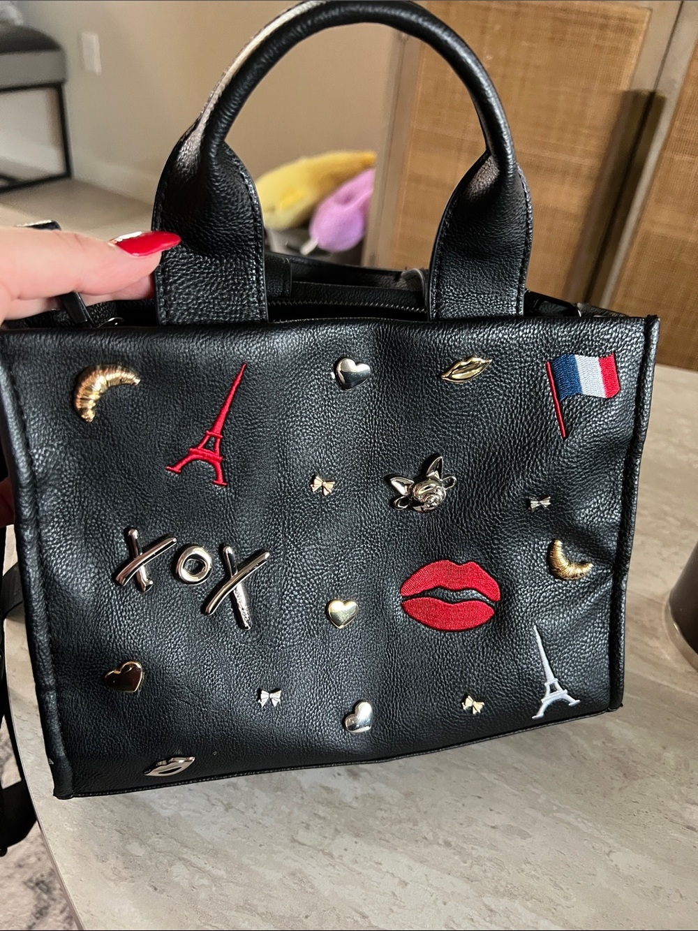Betsey Johnson Black Satchel with Red Lip and Gold Accents